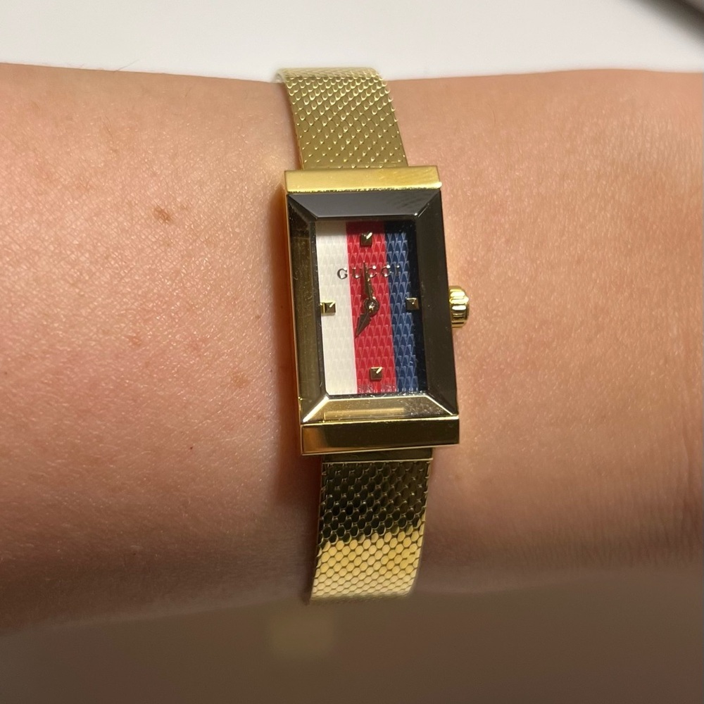 Gold Mesh Strap Watch with Red, White & Blue Dial